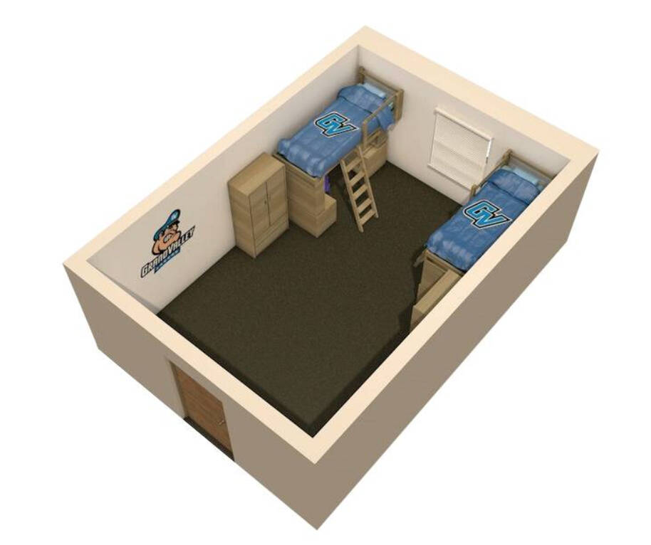 Cluster-style living unit 3D layout with two beds, wardrobes, and desks.